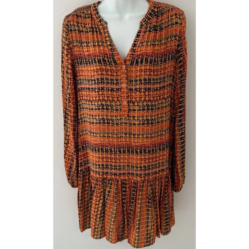 Anthropologie Elyn Boho Drop Waist Tiered Mini Dress XS /S Rust Geometric Resort